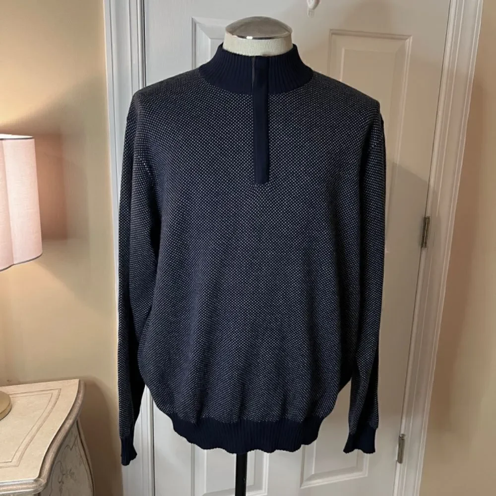 $278 NWOT Men's Peter Millar Jacquard Wool Quarter Zip Sweater Navy Dot Size XL - Picture 2 of 7